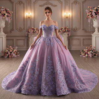 Lavender Floral Lace Quinceañera Dress with Corset Bodice with Cathedral Train