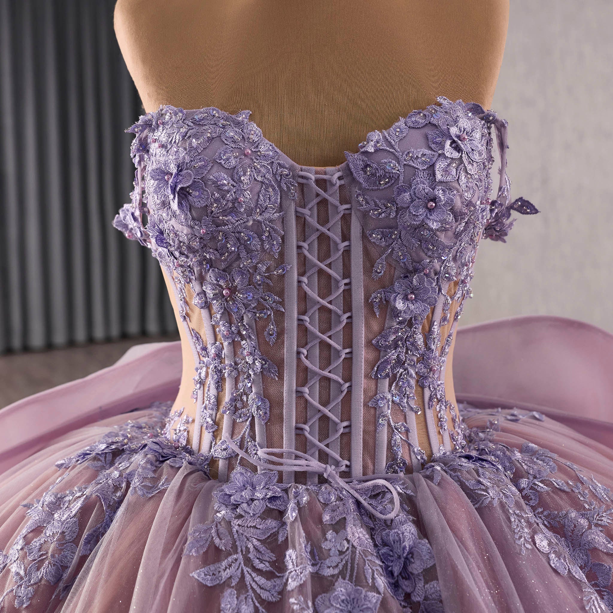Lavender Floral Lace Quinceaera Dress with Corset Bodice with Cathedr Rosymae Lavender Floral Lace Quinceaera Dress with Corset Bodice with Cathedr Rosymae