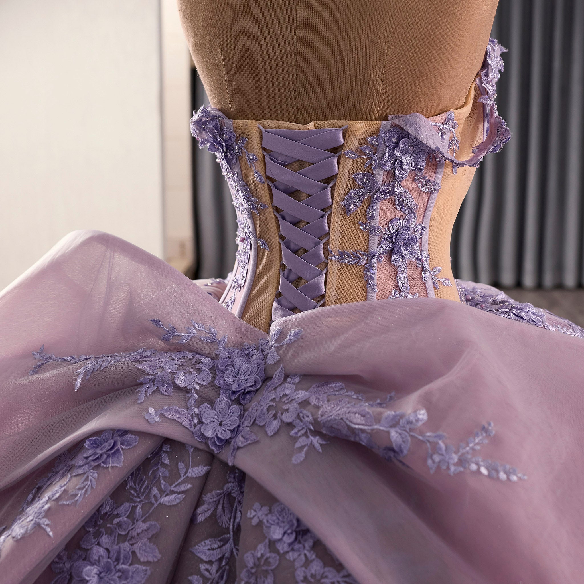 Lavender Floral Lace Quinceaera Dress with Corset Bodice with Cathedral Train Lavender / 14 Lavender Floral Lace Quinceaera Dress with Corset Bodice with Cathedral Train Lavender / 14