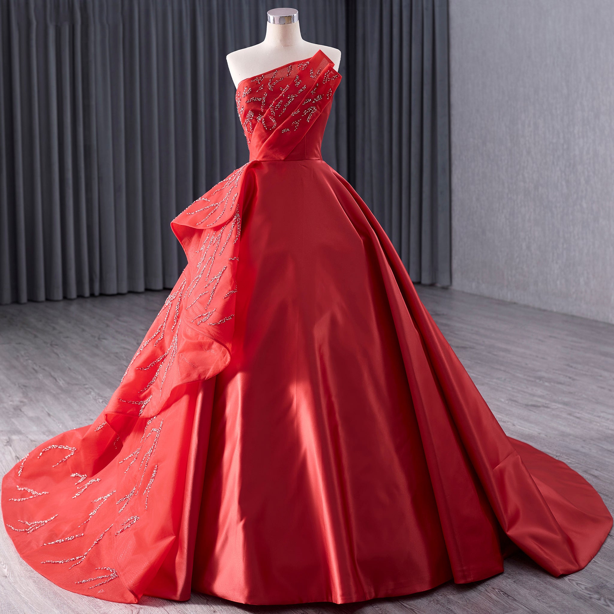 High-End Red Beading Prom Dress Asymmetrical Neck Formal Gown Brt. Red / 26W High-End Red Beading Prom Dress Asymmetrical Neck Formal Gown Brt. Red / 26W