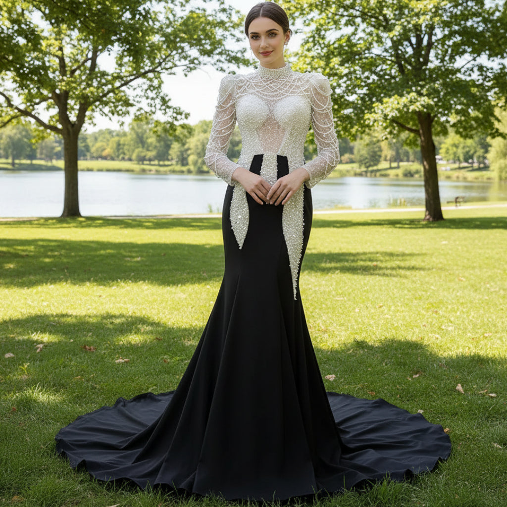 High Neck Two Tone White Black Mermaid Beading Pearl Evening Dresses Black / 26W High Neck Two Tone White Black Mermaid Beading Pearl Evening Dresses Black / 26W