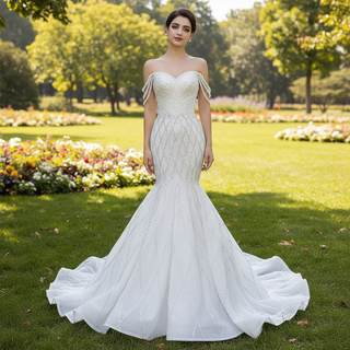 Trumpet Pearl Wedding Dress Off the Shoulder Bridal Dress
