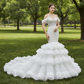 Tiered Ruffle Mermaid Wedding Dress with Detachable Straps
