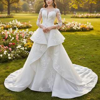 Shiny Vintage Lace Long Sleeve Wedding Dress with Overskirt