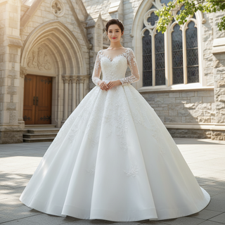 Beaded Lace Appliqued Satin Puffy Wedding Gown with Long Sleeve