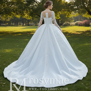 Beaded Lace Appliqued Satin Puffy Wedding Gown with Long Sleeve