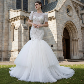 Beaded Mermaid Wedding Dress Puffed Short Sleeve Bridal Dress