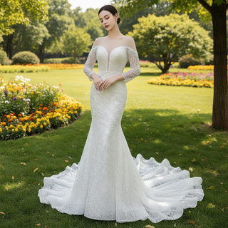 Exquisite Wedding Gown For Bride Organza Full Sleeves Wedding Dress