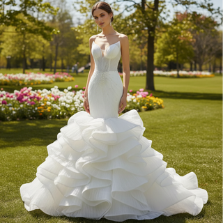 Strapless Organza Trumpet Ruffle Wedding Dress with Vneck