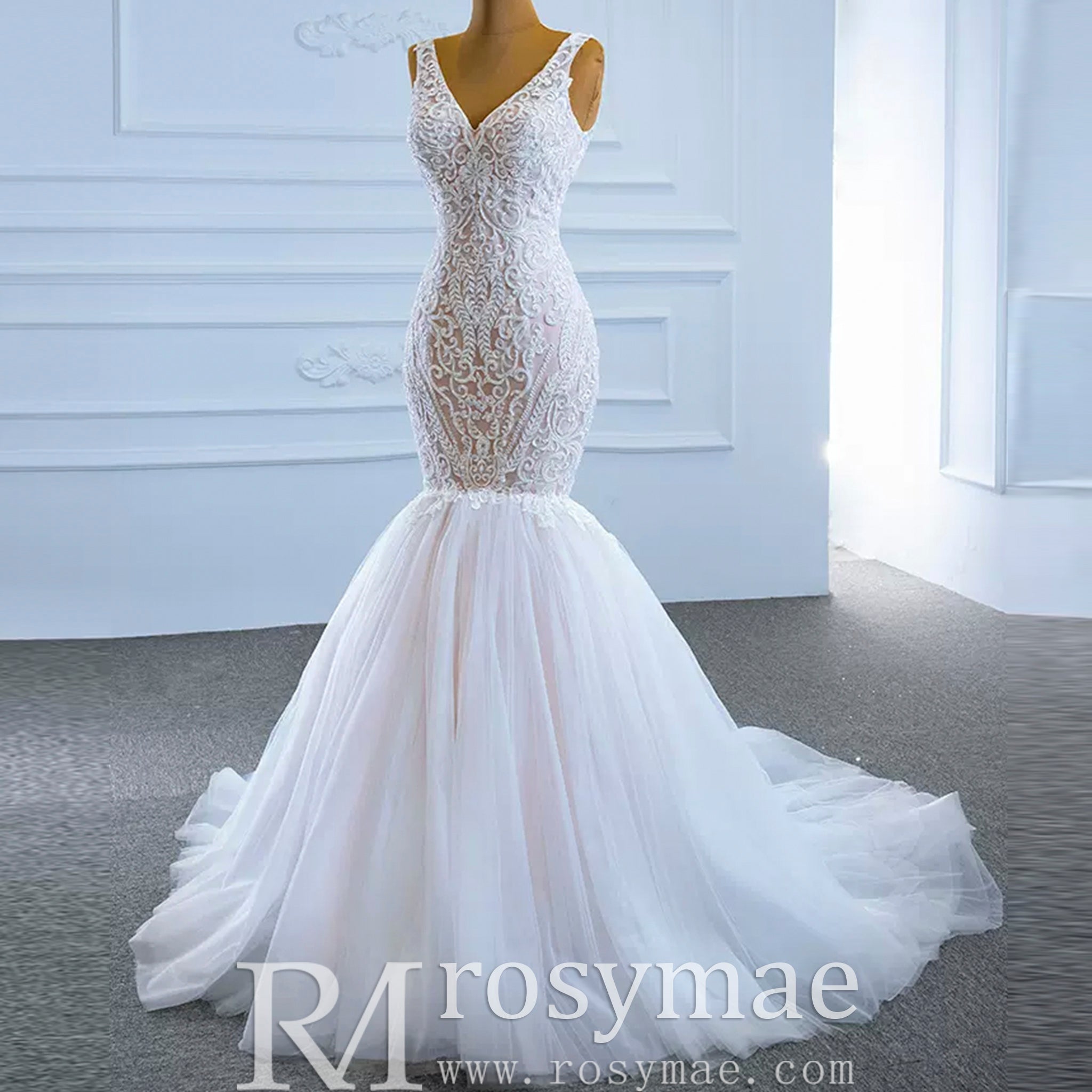 V-Neck Blush Mermaid Wedding Dress Lace Bridal Dress with Low Back White / 26W V-Neck Blush Mermaid Wedding Dress Lace Bridal Dress with Low Back White / 26W