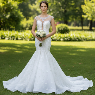 Luxury Cap Sleeve Beaded Trumpet Sparkly Wedding Dress