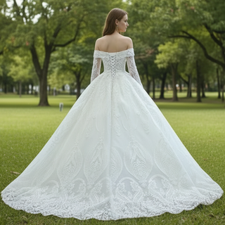 Ball Gown Lace Wedding Dresses with Off the Shoulder Long Sleeves