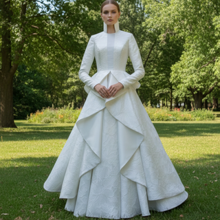 1920s Vintage Unique Design Ruffle Skirt Long Sleeve Wedding Dress with Suit Collar