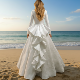 1920s Vintage Unique Design Ruffle Skirt Long Sleeve Wedding Dress with Suit Collar