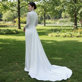 High Neck Sparkly Satin Muslim Wedding Dress Long Sleeve