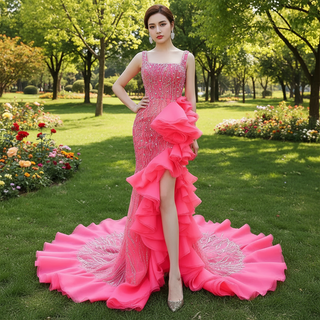 Beaded Hot Pink Ruffled Mermaid Evening Dress Square Neck Prom Gown