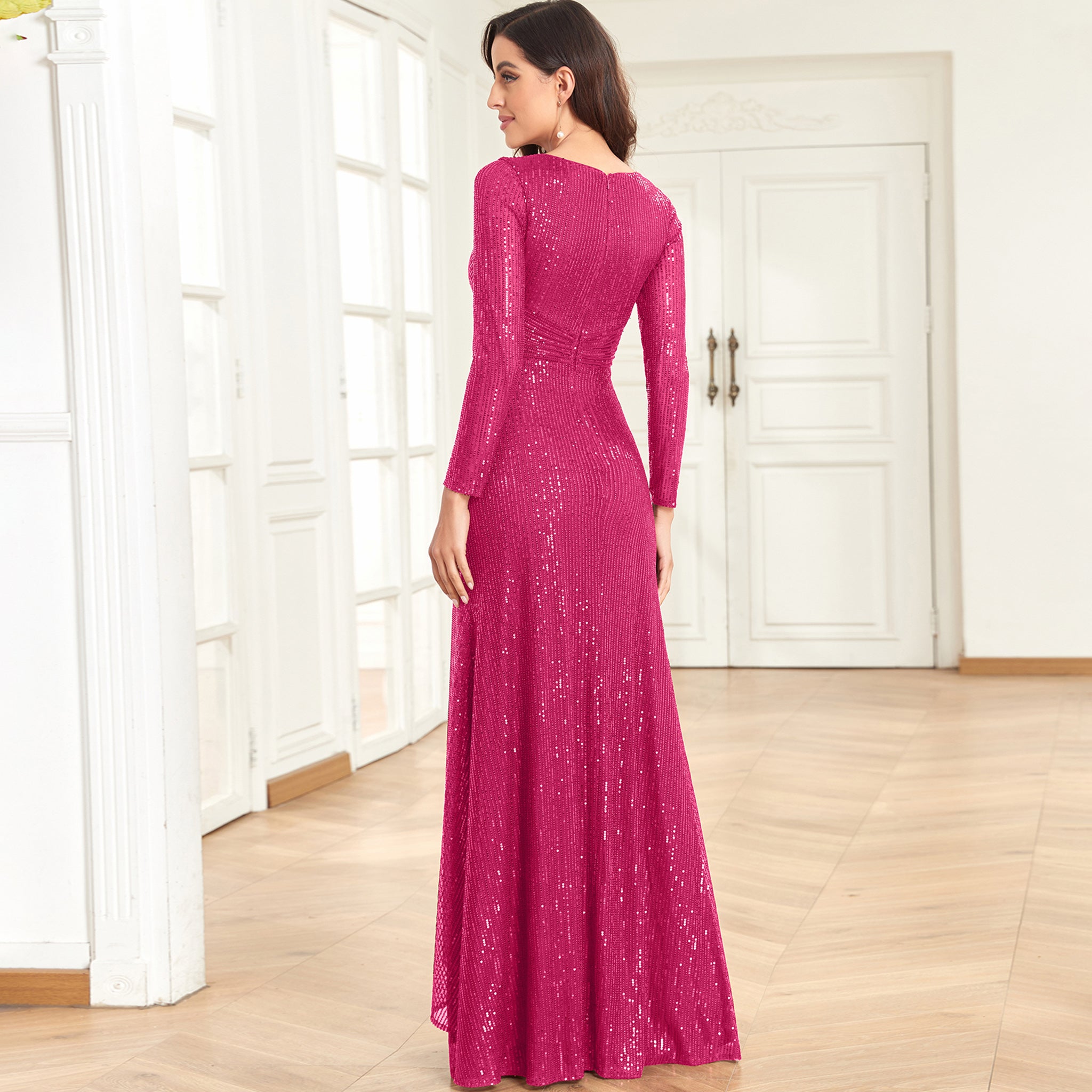 Long Sleeve V-Neck Fit Maxi Formal Gown Evening Dress For Women Wine Crimson / L Long Sleeve V-Neck Fit Maxi Formal Gown Evening Dress For Women Wine Crimson / L