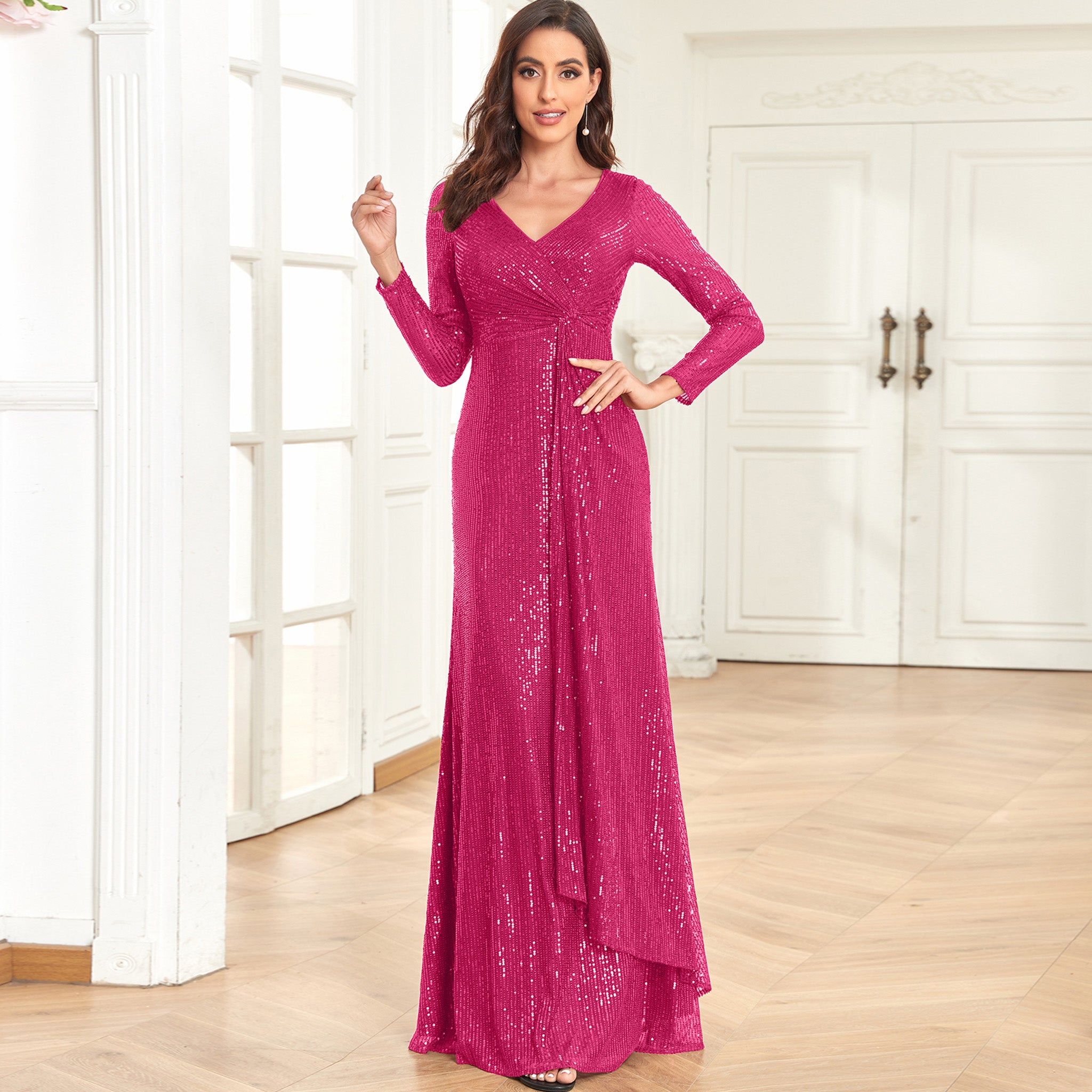 Long Sleeve V-Neck Fit Maxi Formal Gown Evening Dress for Women Wine Crimson / L Long Sleeve V-Neck Fit Maxi Formal Gown Evening Dress for Women Wine Crimson / L