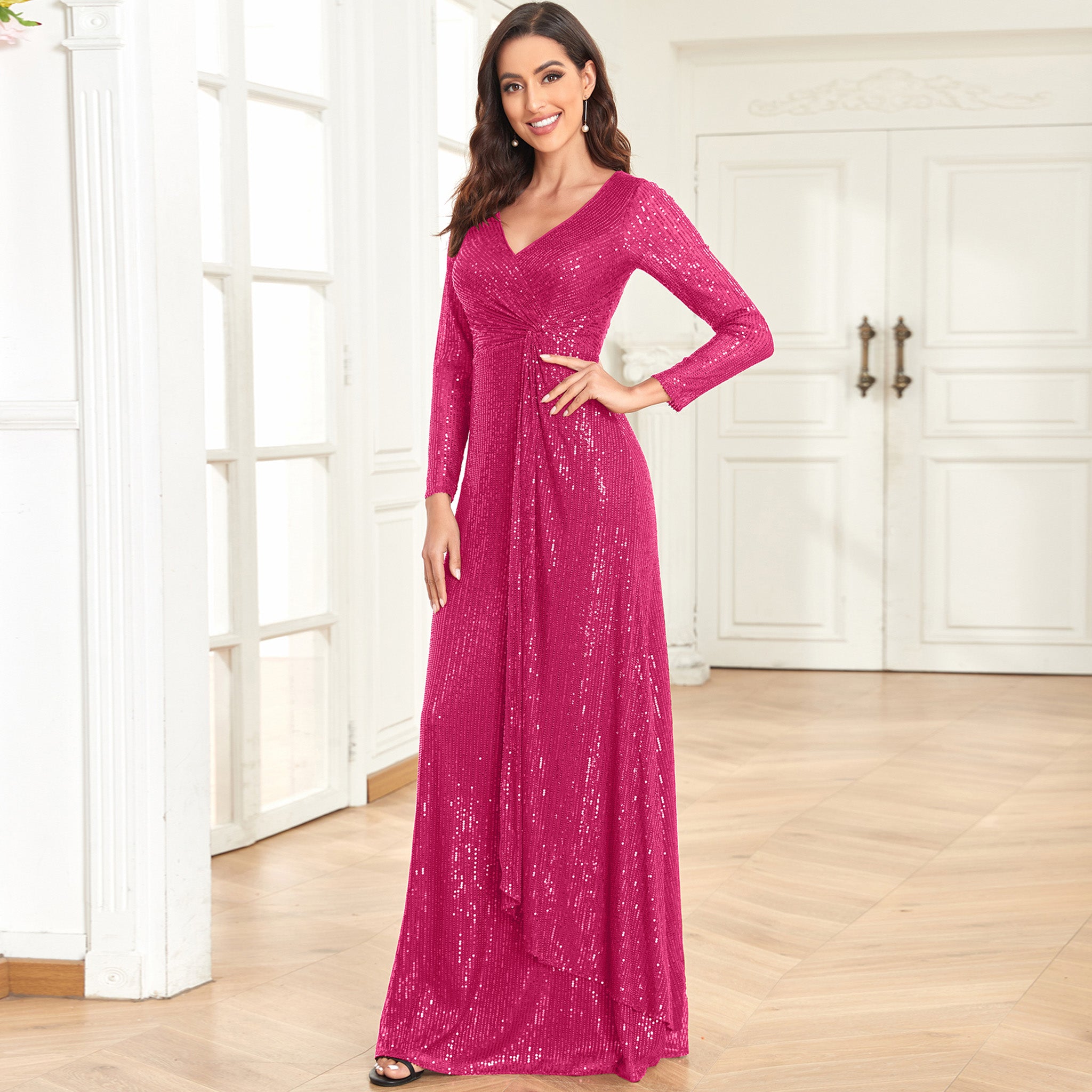 Long Sleeve V-Neck Fit Maxi Formal Gown Evening Dress For Women Wine Crimson / L Long Sleeve V-Neck Fit Maxi Formal Gown Evening Dress For Women Wine Crimson / L