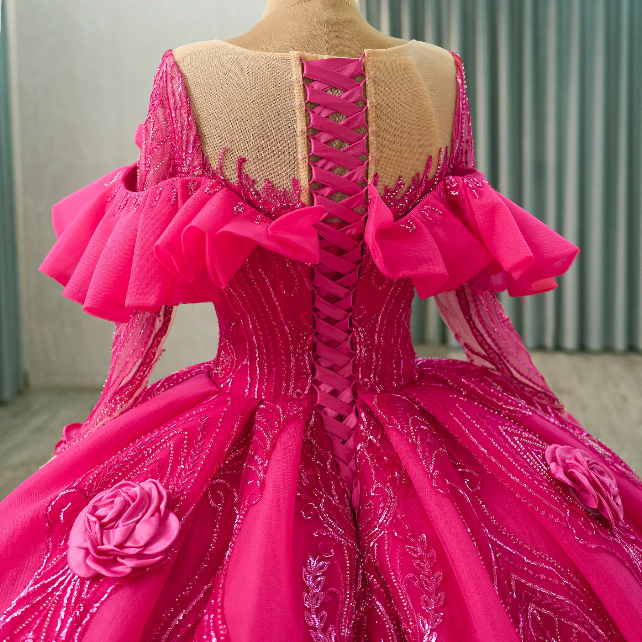 Elegant Hot Pink Long Sleeve 3D Flowers Floral Quinceaera Dress Hot Pink / 18W Elegant Hot Pink Long Sleeve 3D Flowers Floral Quinceaera Dress Hot Pink / 18W
