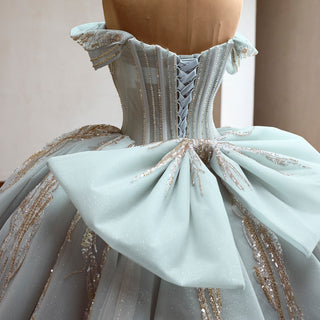 Ice Blue Off Shoulder Beaded Corset Ball Gown Quinceañera Dress with Oversized Back Bow & Train