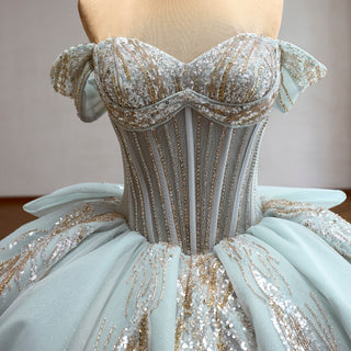 Ice Blue Off Shoulder Beaded Corset Ball Gown Quinceañera Dress with Oversized Back Bow & Train
