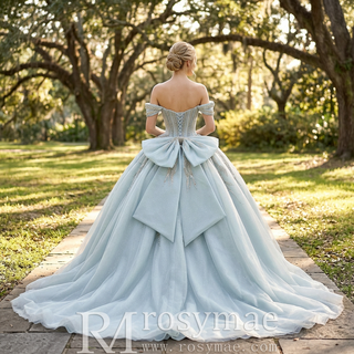 Ice Blue Off Shoulder Beaded Corset Ball Gown Quinceañera Dress with Oversized Back Bow & Train