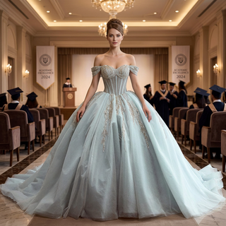 Ice Blue Off Shoulder Beaded Corset Ball Gown Quinceañera Dress with Oversized Back Bow & Train