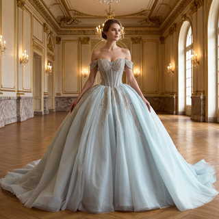 Ice Blue Off Shoulder Beaded Corset Ball Gown Quinceañera Dress with Oversized Back Bow & Train