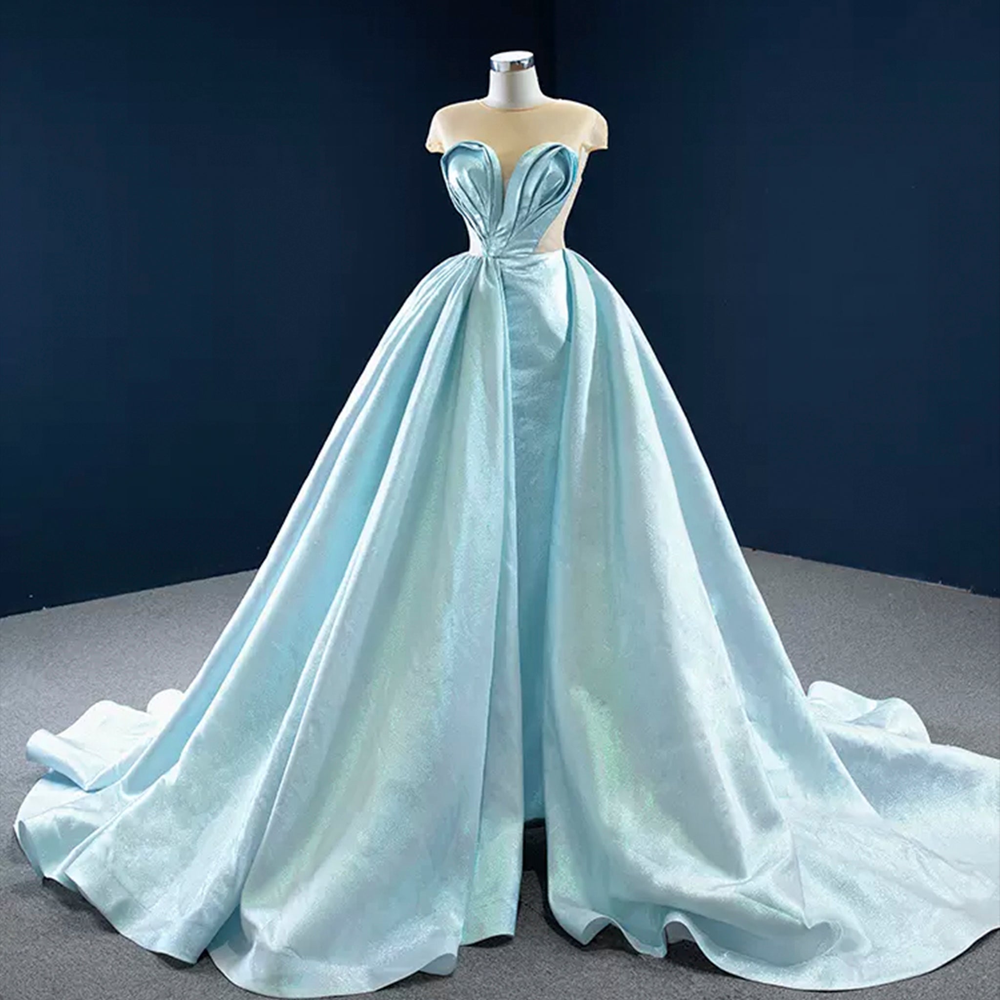 Stunning Satin See-through Prom Dress Cap Sleeve Pleats Prom Gown Ice Blue / 4 Stunning Satin See-through Prom Dress Cap Sleeve Pleats Prom Gown Ice Blue / 4