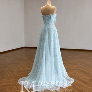 Ice Blue Strapless Sweetheart Beaded A-Line Evening Gown with Radiating Pearl Detail & Beaded Fringe