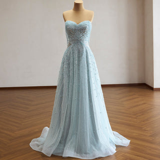 Ice Blue Strapless Sweetheart Beaded A-Line Evening Gown with Radiating Pearl Detail & Beaded Fringe