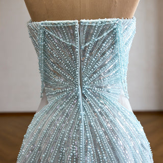 Ice Blue Strapless Sweetheart Beaded A-Line Evening Gown with Radiating Pearl Detail & Beaded Fringe