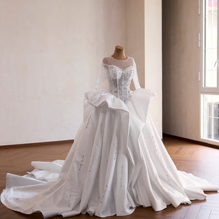High-Fashion Ball Gown Wedding Dress with Illusion Bodice & Crystal Beadwork
