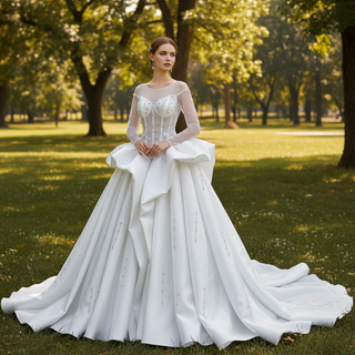 High-Fashion Ball Gown Wedding Dress with Illusion Bodice & Crystal Beadwork