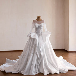 High-Fashion Ball Gown Wedding Dress with Illusion Bodice & Crystal Beadwork