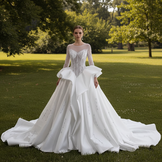 High-Fashion Ball Gown Wedding Dress with Illusion Bodice & Crystal Beadwork