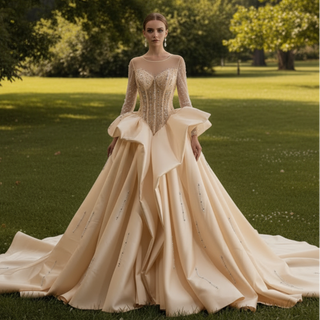 High-Fashion Ball Gown Wedding Dress with Illusion Bodice & Crystal Beadwork