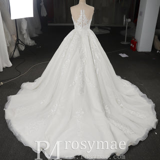 Classic Luxurious Princess-Style Ball Gown Wedding Dress with Illusion Deep V-Neck