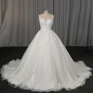 Classic Luxurious Princess-Style Ball Gown Wedding Dress with Illusion Deep V-Neck