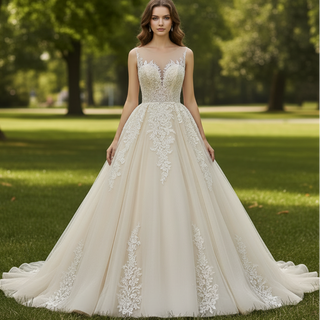 Classic Luxurious Princess-Style Ball Gown Wedding Dress with Illusion Deep V-Neck