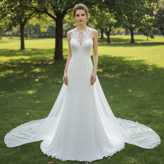 Sheer Illusion O-Neck Mermaid Wedding Dress with Detachable Tulle Train & Keyhole Back
