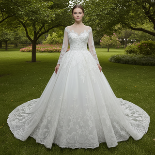Classic Long Sleeve Ball Gown Wedding Dress with Illusion Sweetheart Bodice