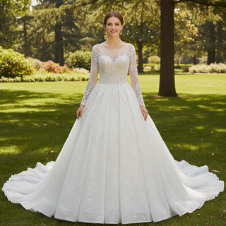 Luxurious Lace Illusion Long Sleeve Ball Gown Wedding Dress