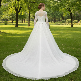 Luxurious Lace Illusion Long Sleeve Ball Gown Wedding Dress