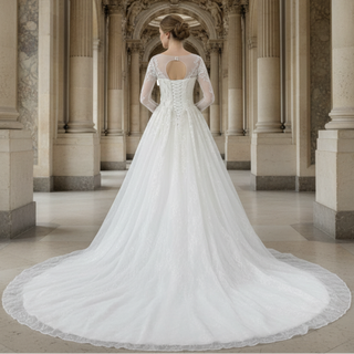 Luxurious Lace Illusion Long Sleeve Ball Gown Wedding Dress