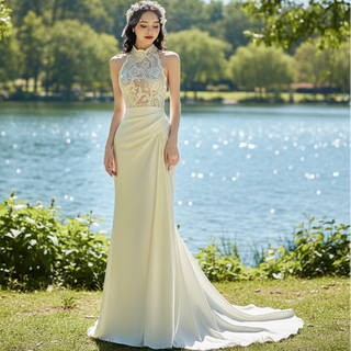 Illusion Lace Halter Neck Bridal Gown Sheath Bride Wedding Dress