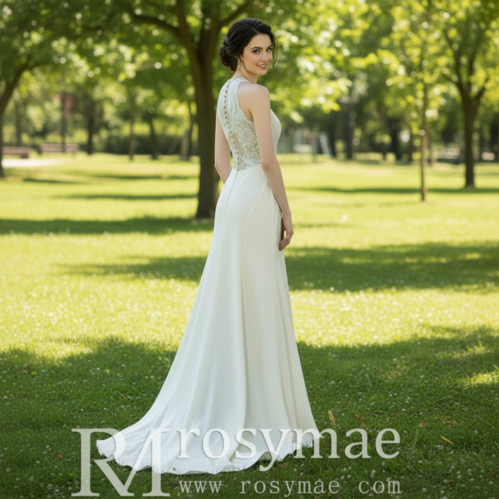 Illusion Lace Halter Neck Bridal Gown Sheath Bride Wedding Dress Rosymae Illusion Lace Halter Neck Bridal Gown Sheath Bride Wedding Dress Rosymae