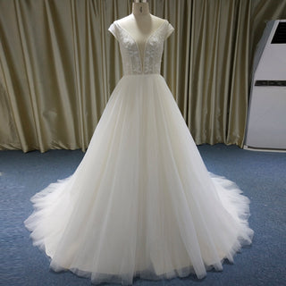 Elegant A-line Flowy Wedding Dress with Cap Sleeve for Beach