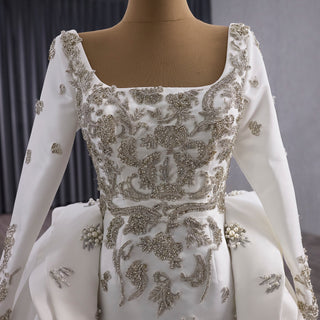 Couture Beaded Long Sleeves Satin Wedding Dress with Square Neckline & Overskirt